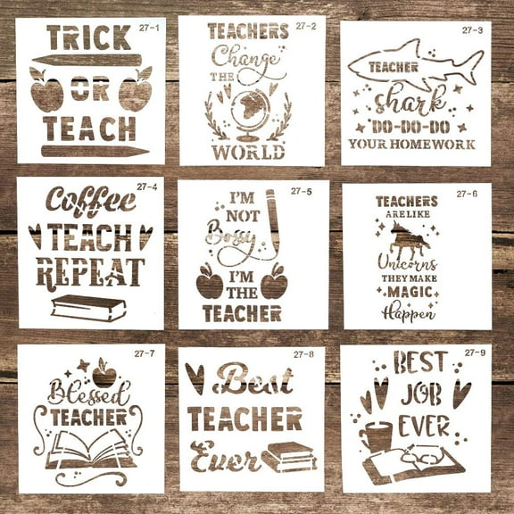DIY Decorative Teacher Quote Letter Stencil Template for Scrabooking Painting on Cake, Wood,Canvas,Floor,Wall,Tile ( 5.9 x 5.9 Inch), Set of 9