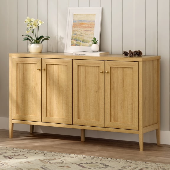 EYYTHUNG Farmhouse Storage Cabinet with 4 Doors, Adjustable Shelf Accent Cabinet, Modern Sideboard Buffet with Console Table Credenza for Dining Room, Living Room Kitchen, Natural Oak