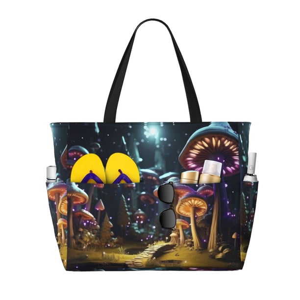 Fotbe Purple Glowing Mushroom Bolsa de Viaje para Playa - Resistente al Agua, Bolsa Tote de Gran Capacidad y Ligera con 7 Bolsillos para Mujeres y Hombres