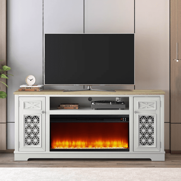 White 70-Inch TV Stand with 36-Inch Electric Fireplace for Modern Living