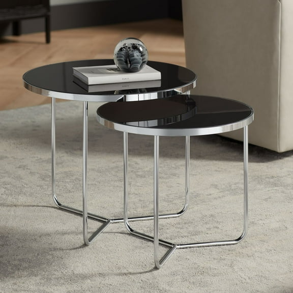 Studio 55D Collins Mid-Century Modern Chrome Round Nesting Tables Set of 2 19 1/2" Wide Silver Black Tabletop for Living Room