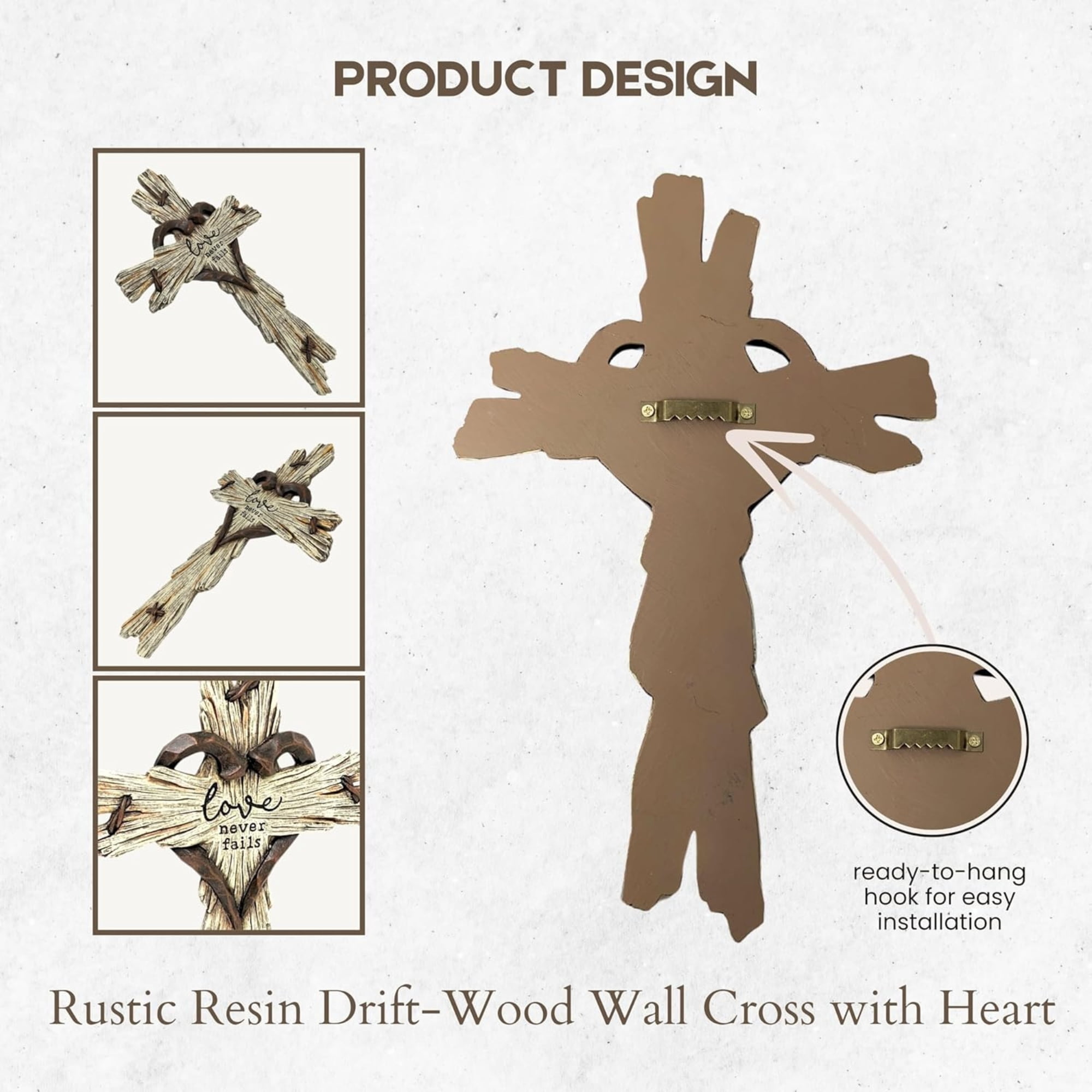 Rustic Driftwood Look Wall Cross with Heart at the Center and Engraved "Love Never Fails" – Premium Resin Religious Décor for Home, Church, or Office, Symbolizing Faith & Love, Easy Wall Mount Design
