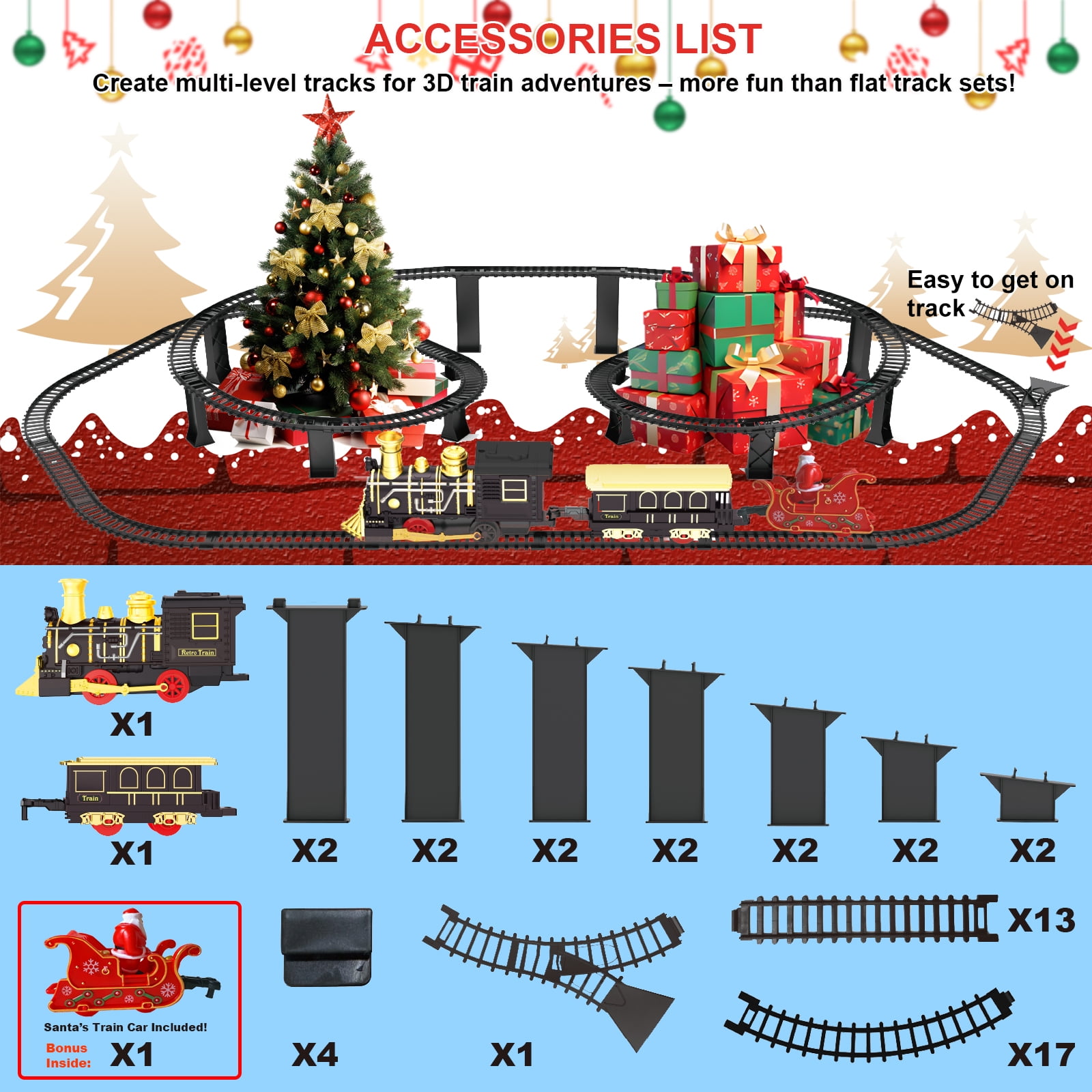 UFULMN Electric Train Set with 3D Elevated Tracks Quiet Mode Christmas Train Maximum Recommended Age 3+ for Kids Material