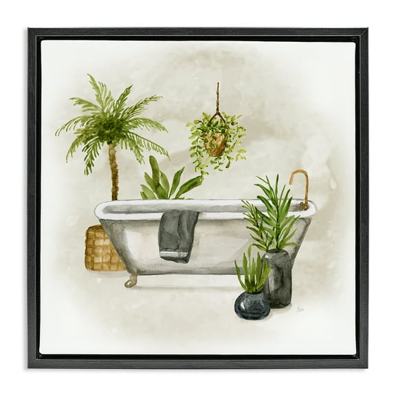 Stupell Industries Plant Filled Bathroom Bath & Laundry Painting Black Floater Framed Canvas Art Print Wall Art, 18 x 18