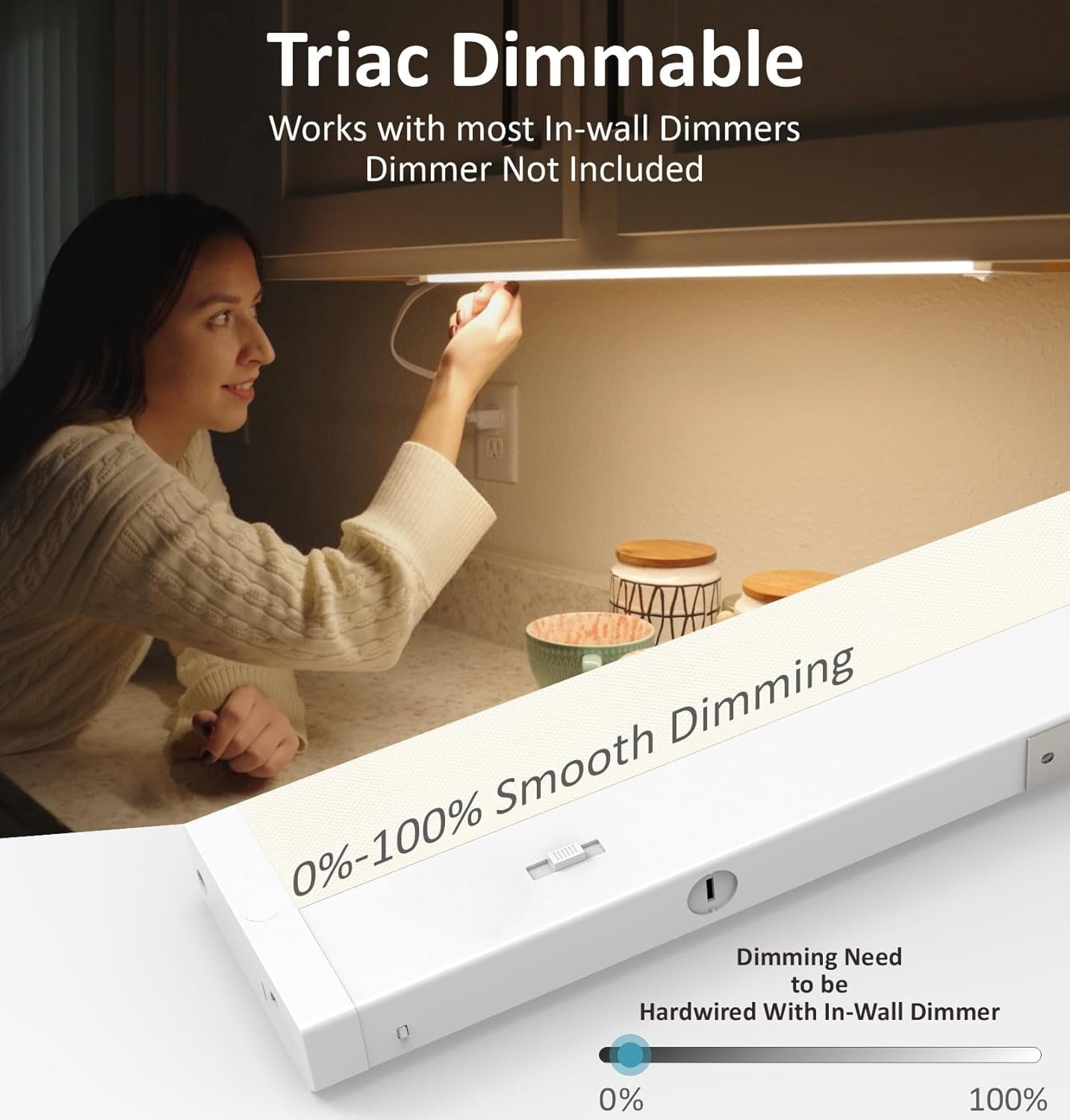 LED Under Cabinet Lighting Hardwired or Plug in, 12 Inch 6W, Dimmable 5 Color 2700K/3000K/3500K/4000K/5000K, Linkable Eyes Care Design Counter Lights for Kitchen, Sink, ETL Listed, White