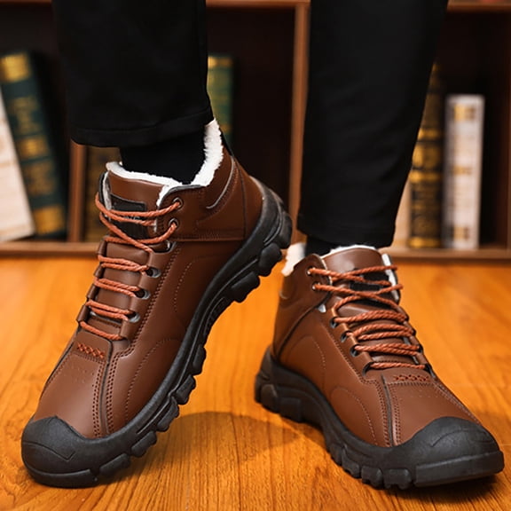 XIMIN Snow Boots for Men Waterproof Non Slip Faux Fur Lined Winter Booties Platform Oxford Shoes Winter Lace Up Ankle Boots Outdoor Insulated Warm Walking Shoes