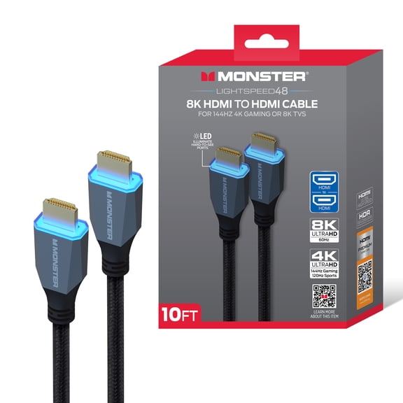 Monster 8K HDMI Cable 10 ft, Ultra High Speed HDMI 2.1 Cord with LED Illuminated Connectors, 48Gbps, 8K 60Hz & 4K 144Hz Gaming, HDR, Compatible with PS5, Xbox Series X, TVs, Monitors
