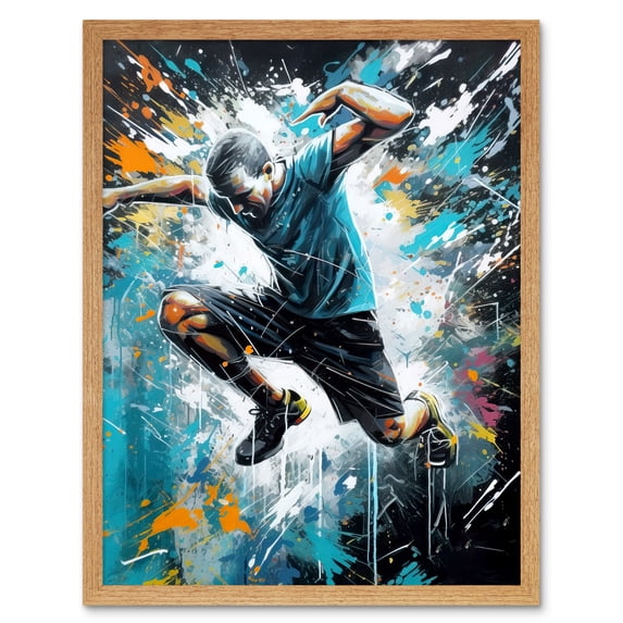 Man Doing Parkour Jump Pose Paint Splat Portrait Art Print Framed Poster Wall Decor 12x16 inch