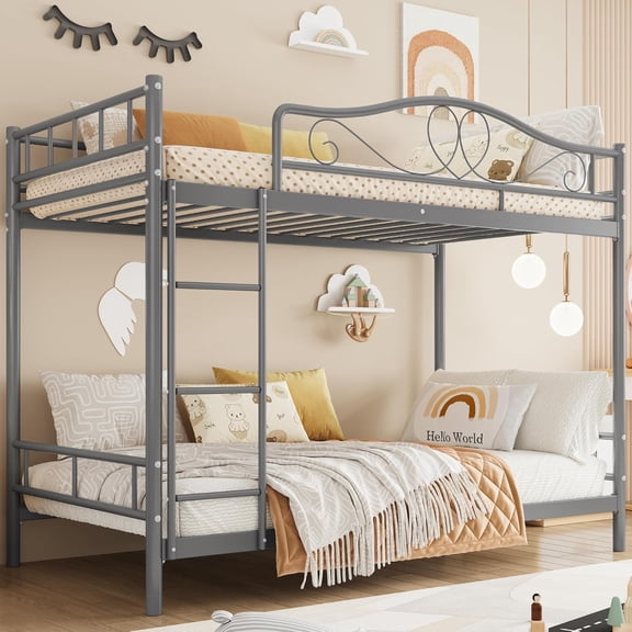 Twin Over Twin Metal Bunk Bed with Ladder & Safety Guardrail, 400 Lbs Capacity, Noise-Free Space-Saving Bed Frame, No Box Spring Needed, Grey
