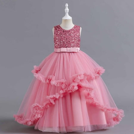 

QISIWOLE Little Girl s Sequin Sleeveless Mesh Princess Dress Party Ball Gown for Wedding Party，4-14 Years