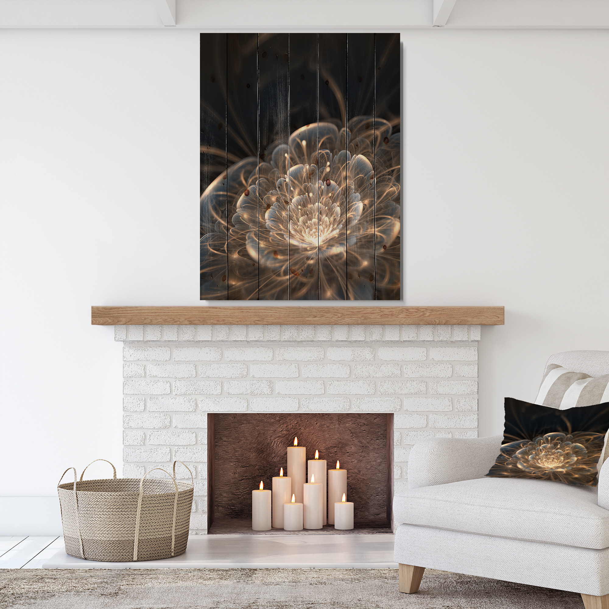 Designart 'Golden Rays With Fractal Flower' Floral Art Print on Natural Pine Wood
