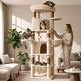 thumbnail image 4 of Globlazer 68" Large Corner Cat Tree Tower Condo for Cats with 6 Sisal Scratching Posts, 2 Condos, Hammock & Hanging Basket, Beige, 4 of 8