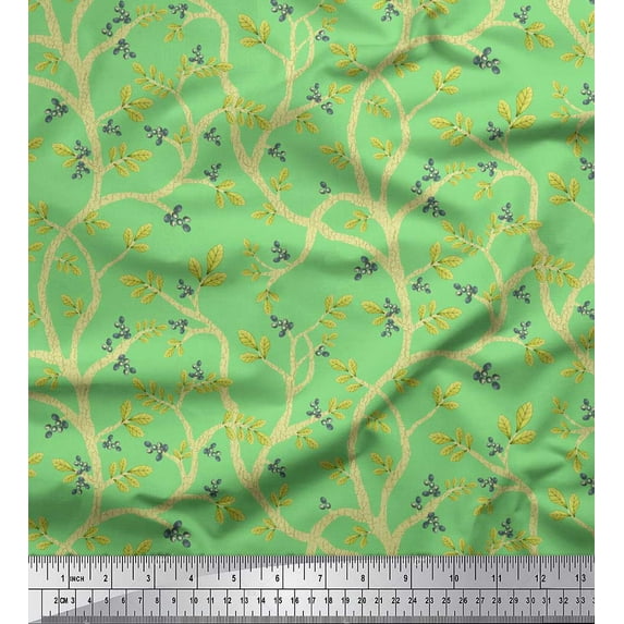 Soimoi Green Cotton Poplin Fabric Blueberry Leaves Print Fabric by the Yard 42 Inch Wide