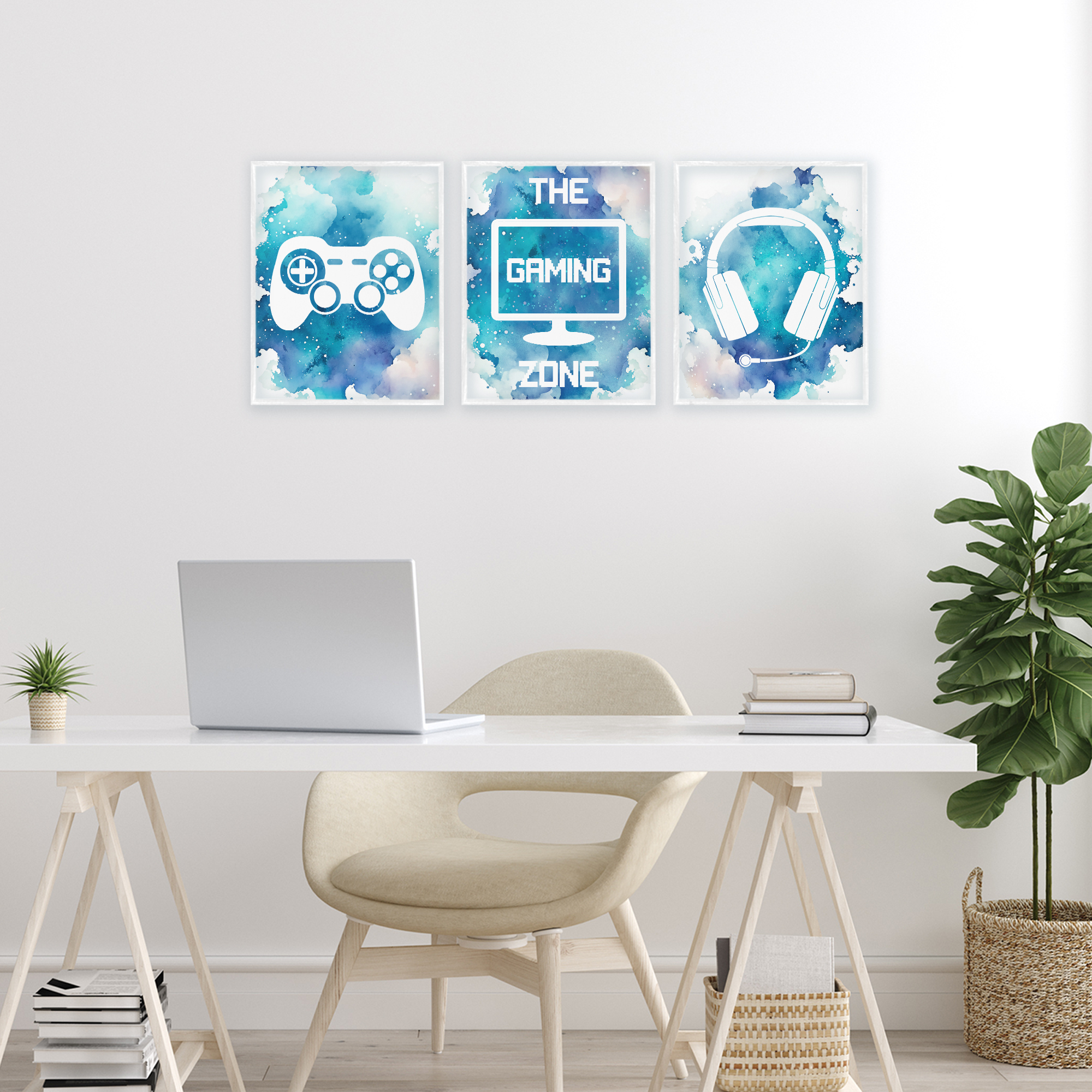 Blue Gamer Splatters 3 Piece White Framed Giclee Art Set, design by Marcus Prime