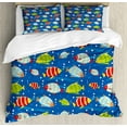thumbnail image 1 of Nursery Queen Size Duvet Cover Set, Vibrant Colored Fish on a Navy Blue Background Marine Life Digital Art, Decorative 3 Piece Bedding Set with 2 Pillow Shams, Navy Blue Multicolor, by Ambesonne, 1 of 3
