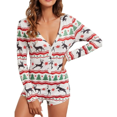 

Pudcoco Women Christmas Playsuit Printed Pattern Pajama V-neck Long Sleeve Bodycon New Year Wear Sleepwear S/M/L/XL/XXL