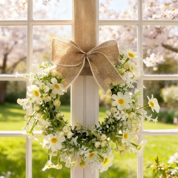 Spring Daisy Wreath with Bow, 9-Inch Artificial Floral Wreath for Front Door Wall Hanging, Small Farmhouse Flower Wreath for Indoor Outdoor Home Decor