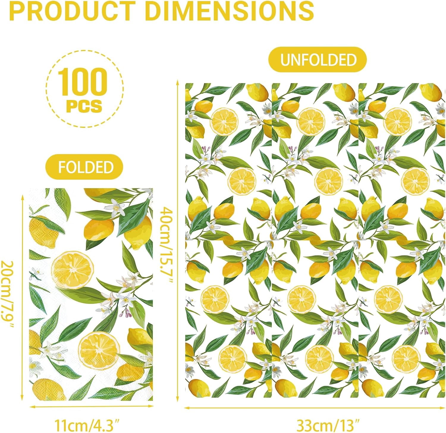 100 PCS Napkin Disposable, Yellow Lemon and Leaf Pattern 3-Ply Lemon Napkins, Home Party Guest Bathroom Napkin Bridal Shower Wedding, Decorative Napkins