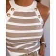 thumbnail image 3 of CHICME Tank Tops for Women Gold Button Striped Print Crew Neck Sleeveless Knit Vest Slim Fit Daily Commute Camisole Summer Top Khaki-L, 3 of 8