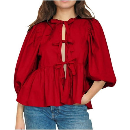 QIPOPIQ Women Bow Tie Front Shirt Top Cute Puff Sleeve Y2K Peplum Ruffle Babydoll Blouse Lace Up Summer Going Out Clearance