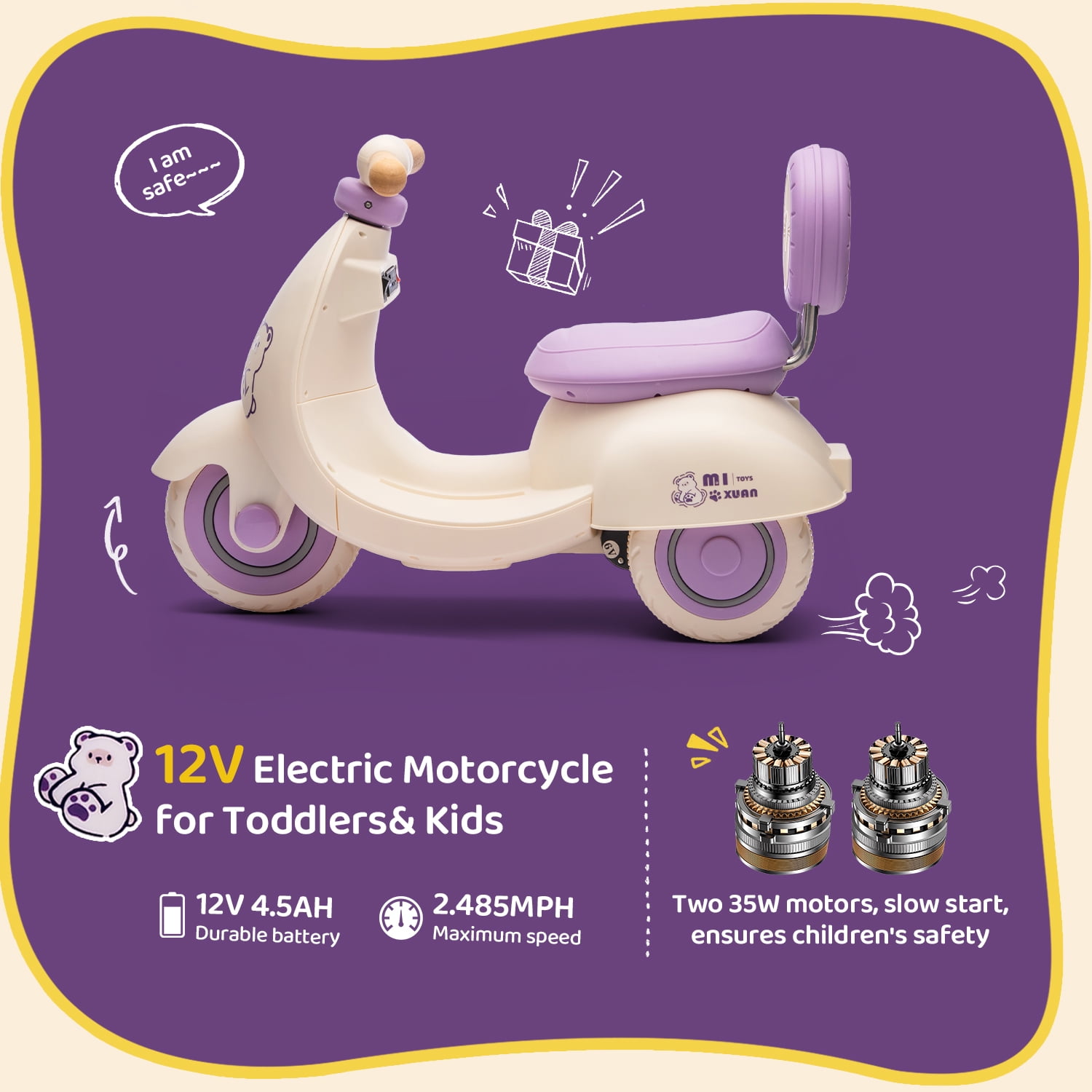 Track Seven 12V Ride on Motorcycle, 3-Wheel Toddler Electrc Scooter with Remote Control, Bluetooth, Wide Seat, Wooden Handle, Slow Start, Electric Motorycle for Boys Girls Aged 1-3 Years, Purple