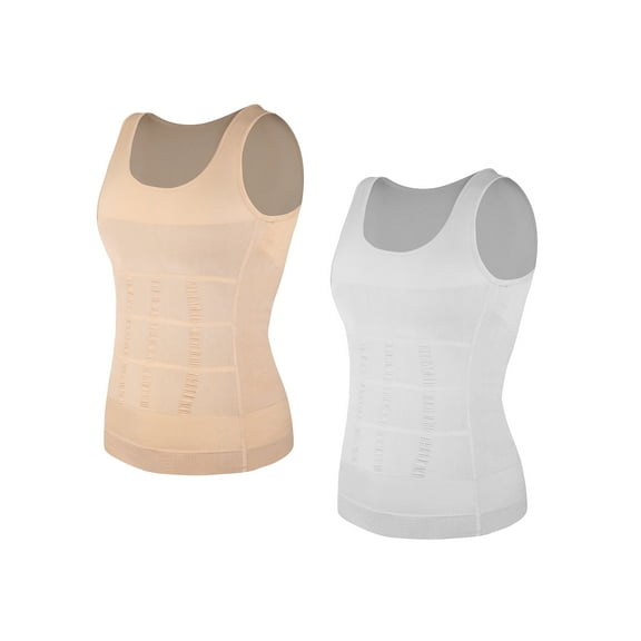 QRIC 2 Pack Mens Compression Shirts Shapewear Slimming Body Shaper Tank Top Vest Belly Control Undershirt White Nude 2XL