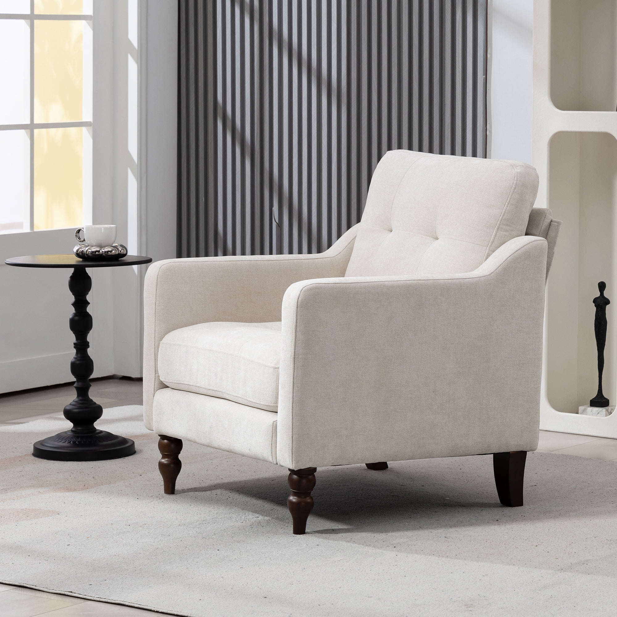 Comfortable armchair with USB charging port, ergonomic wide backrest, vintage wooden legs, comfortable upholstered armchair with side storage for living room bedroom