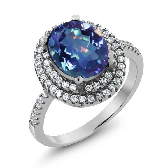 Gem Stone King 925 Sterling Silver Millennium Blue Mystic Quartz Women's Ring (3.10 Cttw, Oval 9X7MM, Size 6)