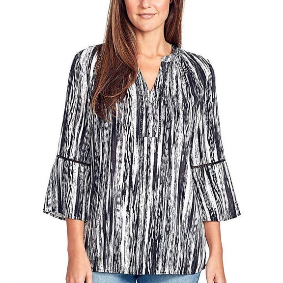 Gloria Vanderbilt Women's Nova Flutter Sleeve Blouse, Paint Flow Black, L - NEW