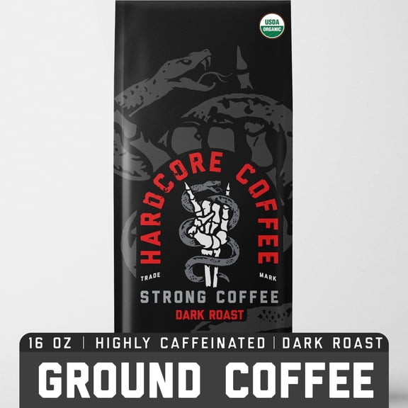 Hardcore Organic Coffee, Highly Caffeinated, Ground Coffee, Strong Dark Roast, 1Lb (16oz)