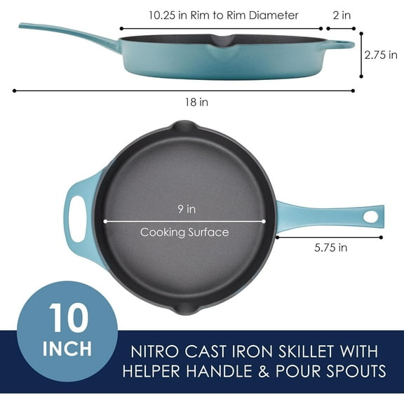NITRO Cast Iron Fry Pan with Helper Handle and Pour Spouts, 12 Inch - Agave Blue