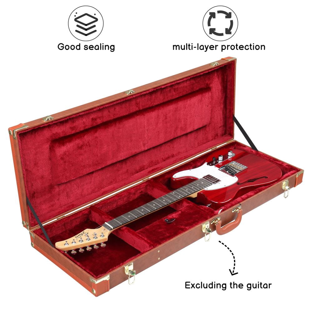 IVV Electric Guitar Hard Case, Rectangle Wooden Standard Electric Guitars Hard-Shell Protective Carrying Case for ST/TL/170 Style/Burning Fire Style Guitars with Lock Latch Padding - Brown