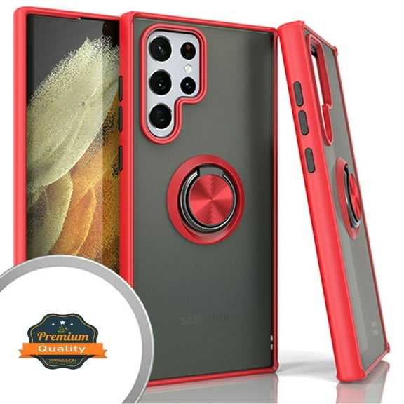 Xpression Case for Samsung Galaxy S22 Ultra Finger Ring Stand Holder Kickstand Hybrid Frosted Matte TPU Hard PC Frame Shock-Absorption Thin Phone Cover [Red]