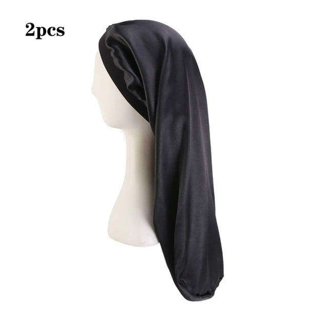Gorro de noche largo con banda elástica y seda sintética para dormir, adecuado para cabello largo y grueso