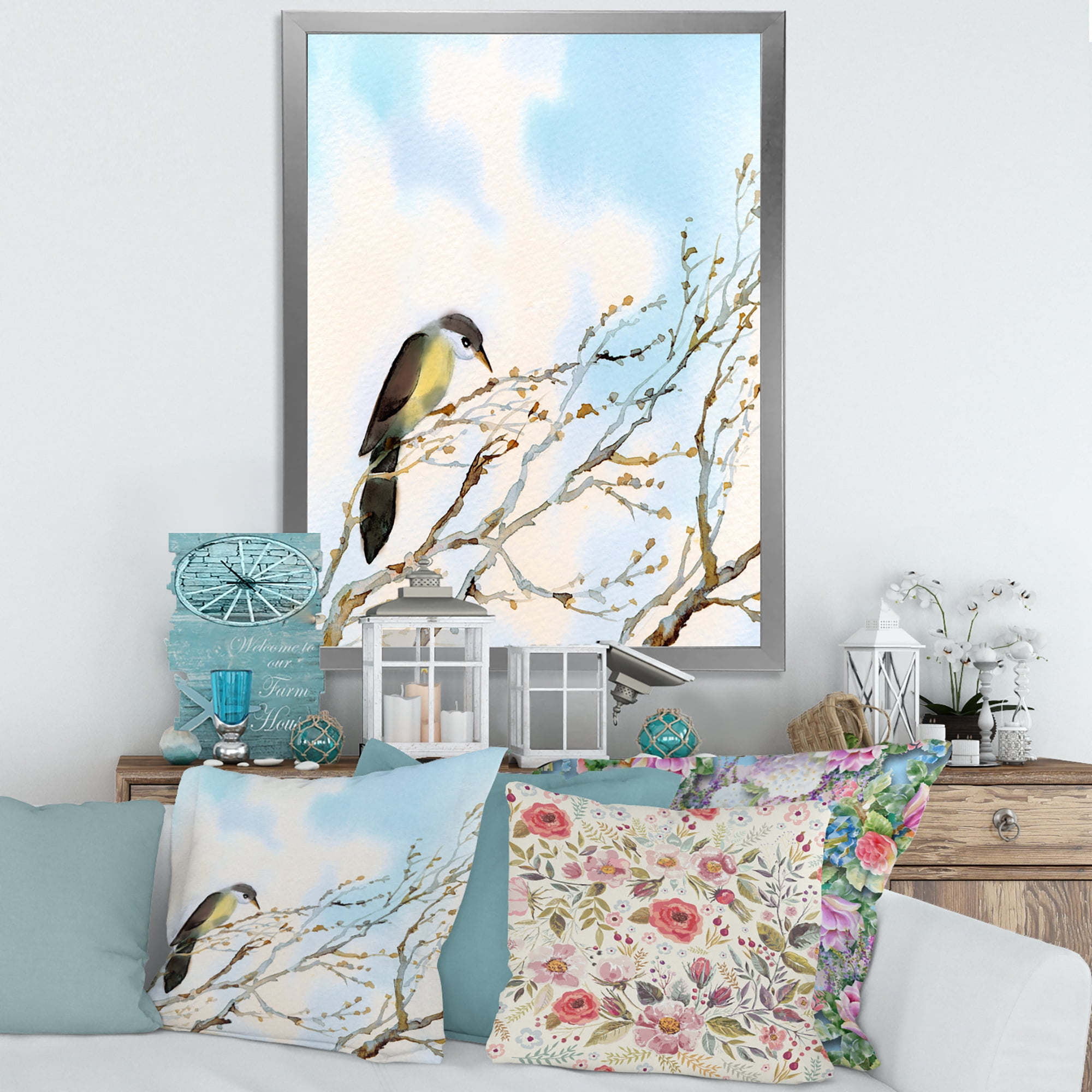 Designart 'Bird Sitting On Old Bare Tree With Blue Cloudy Sky' Traditional Framed Art Print