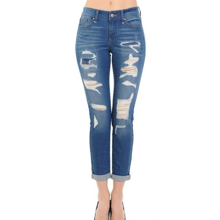 destroyed rip juniors rise skinny jeans repair mid roll
