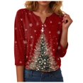 thumbnail image 4 of Rotm Christmas Tree Shirt Christmas Shirts for Women 3/4 Sleeves V Neck Tops Graphic Blouses Elbow Sleeve Tunic Tops Fall Winter Vacation Clothes Wine,XL, 4 of 7