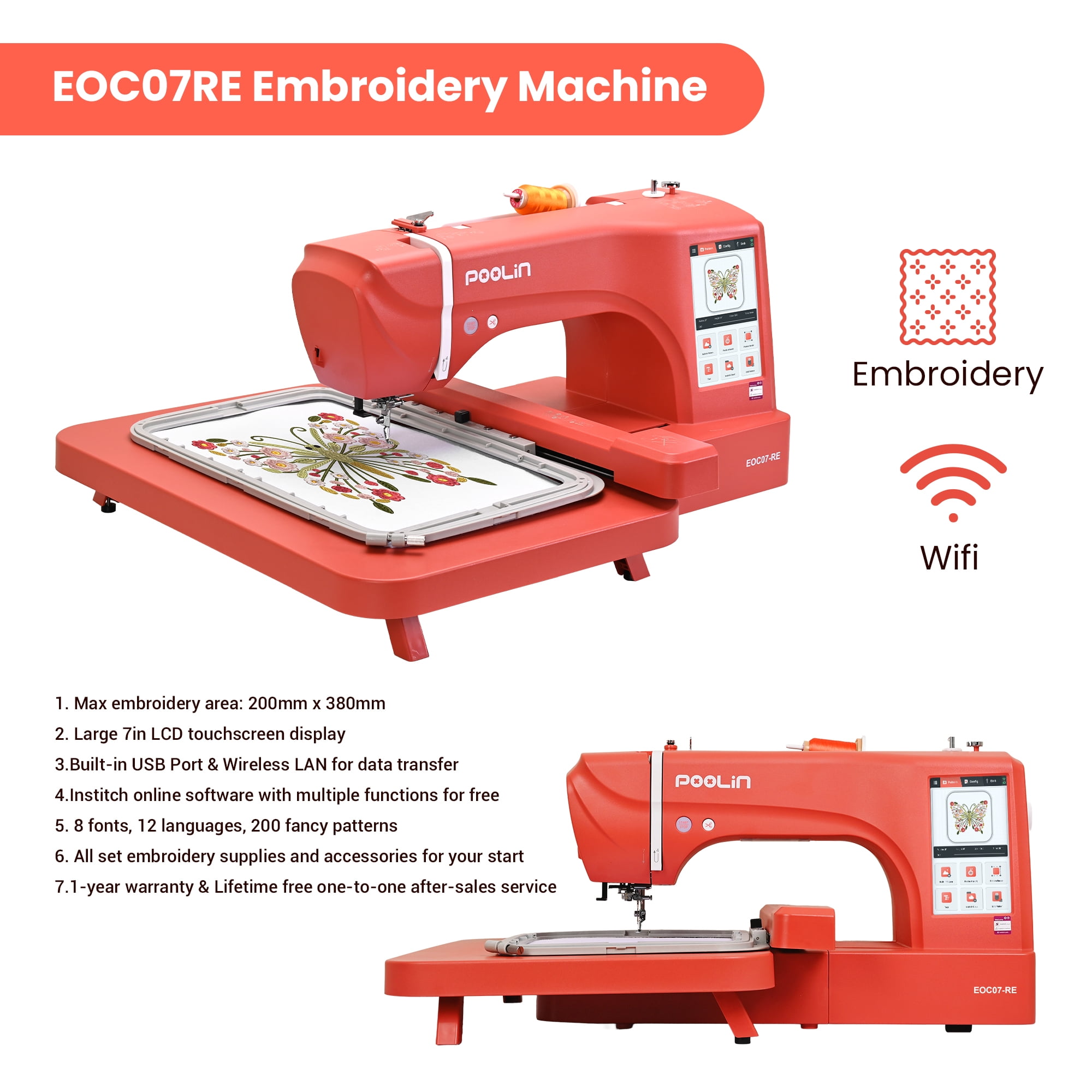 Poolin EOC07RE Embroidery Machine with Large 7.9 x 15 Inch Hoop, Computerized Embroidery Machine for Home & Small Business,