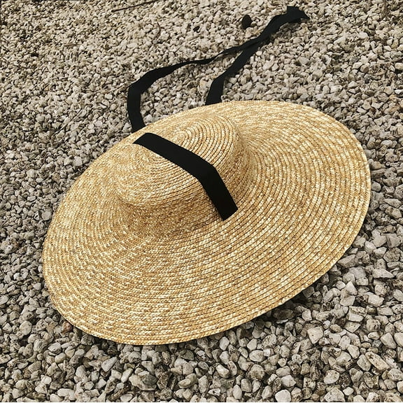SikaFu European And American Wheat Straw Large Eaves Tie Straw Hat Flat -Top Fashion Department Big -Edge Hat Seaside Holiday Beach Hat Tide