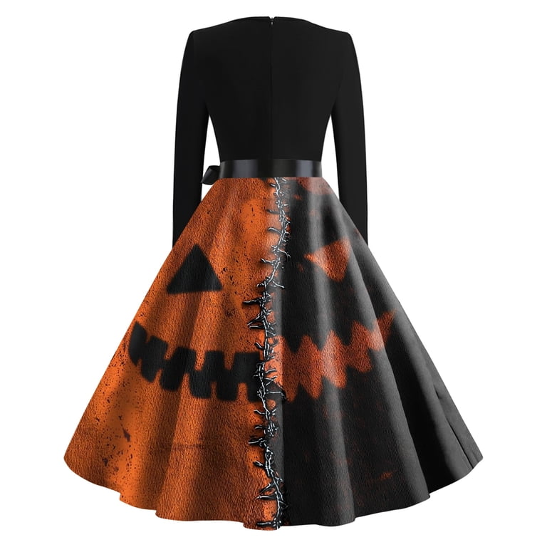 Women's Halloween Dress Witch Hat Castle V Neck Cocktail 1950s Retro Dress Long Sleeve Hepburn Cute Casual Dresses with Belt S