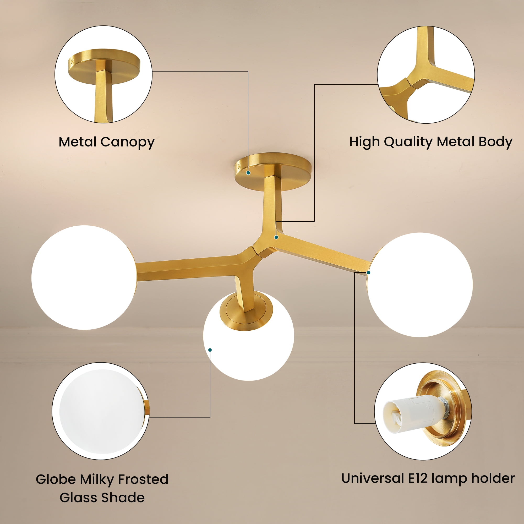 3-Light Gold Modern Chandelier Glass Semi Flush Mount Ceiling Light with Globe Milky Frosted Glass Shade E12 Sputnik Ceiling Light for Kitchen Hallway Light Fixture