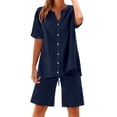 thumbnail image 6 of GILIGEGE Linen Sets for Women 2 Piece Summer Women's Solid Color Fashion Casual Cotton Linen Pocket Long Sleeve Shirt Short Jacket Suit Lounge Beach Vacation Two Piece Outfits Tracksuits Dark Blue L, 6 of 8