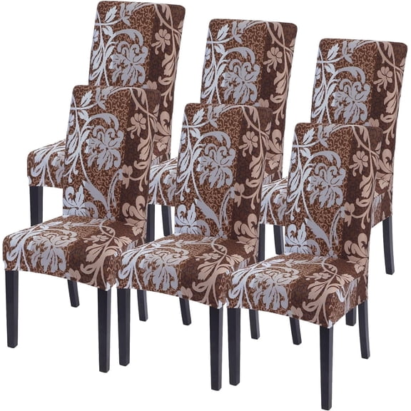 Dining Room Chair Covers Set of 6, Stretch Printed Parsons Chair Slipcovers Removable Washable Kitchen Chair Protector Cover for Dining Room, Hotel, Ceremony (Brown Flower)