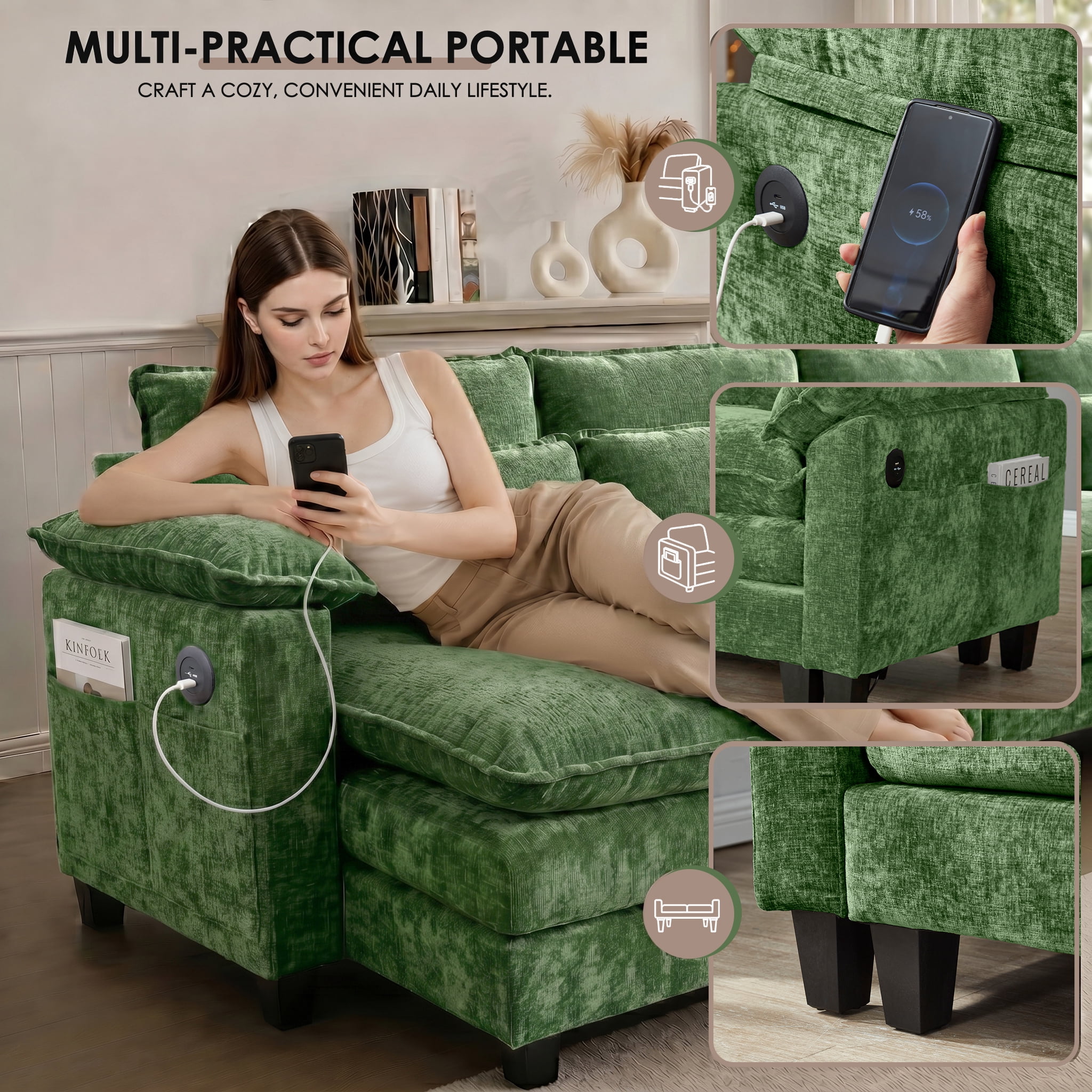 AISWORD U Shaped Cloud Couch Sectional, Oversized Modular Sofa with USB Charging, Hidden Storage, Cup Holders & Double Chaise for Living Room, Green