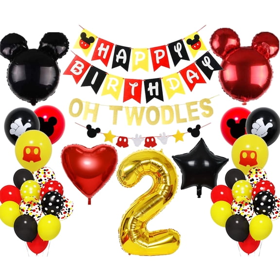 Mickey Theme 2nd Birthday Party Supplies with Oh Twodles Happy Birthday Banner Red Black Yellow Balloons for Birthday Party Decoration