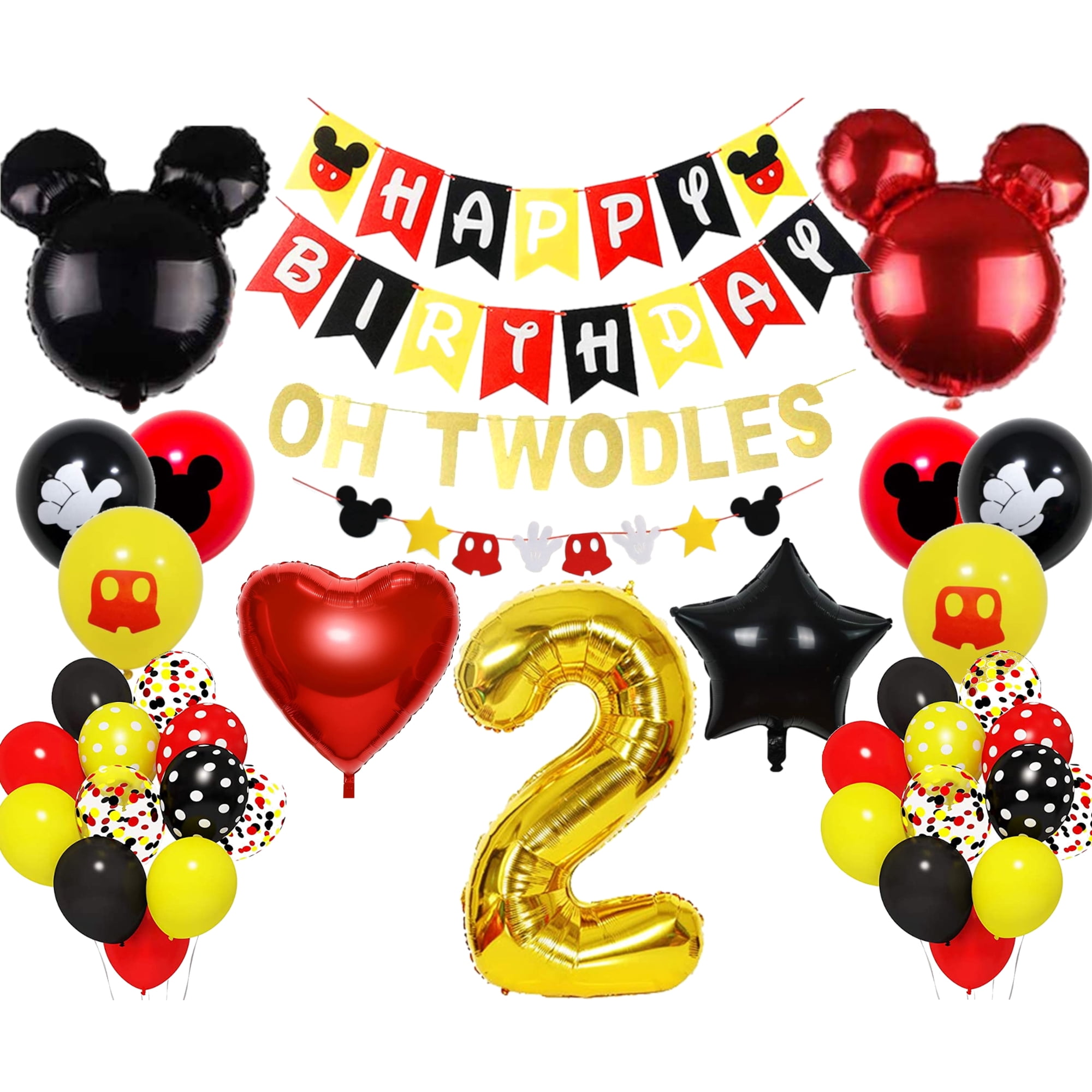 Mickey Theme 2nd Birthday Party Supplies with Oh Twodles Happy Birthday Banner Red Black Yellow Balloons for Birthday Party Decoration