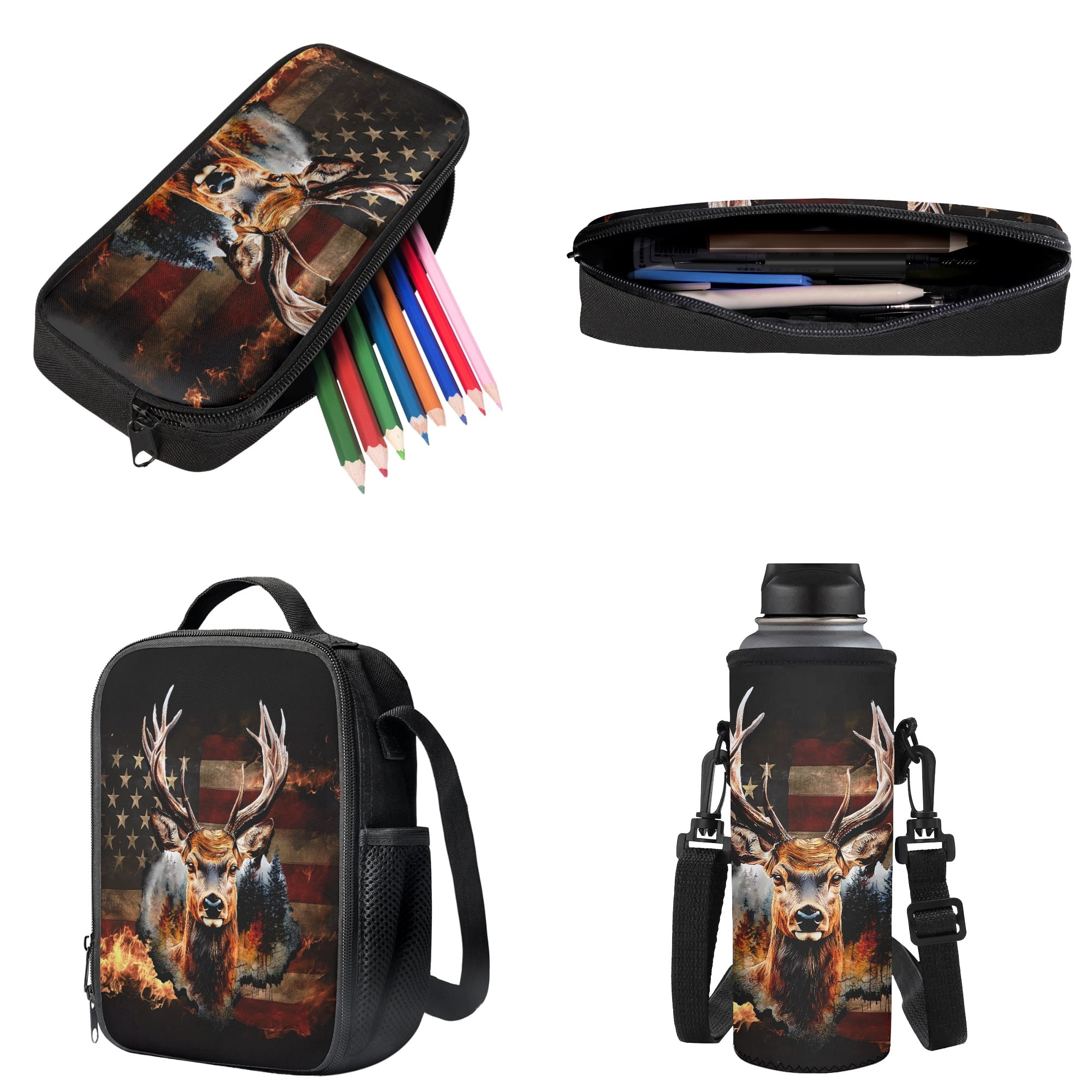 Xixirimido 4th of July American Flag Hunting Deer Pattern School Backpack for Kids 4Pcs Set 17" Durable Bookbag, Thermal Lunch Bag, Pencil Pouch, Water Bottle Carrier for Boys Students