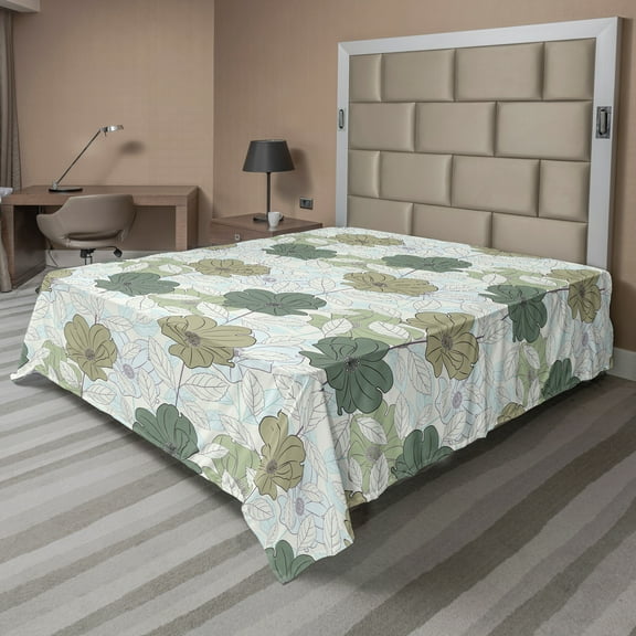 Ambesonne Floral Flat Sheet, Colorful Roses and Leaves, King Size, White Laurel Green