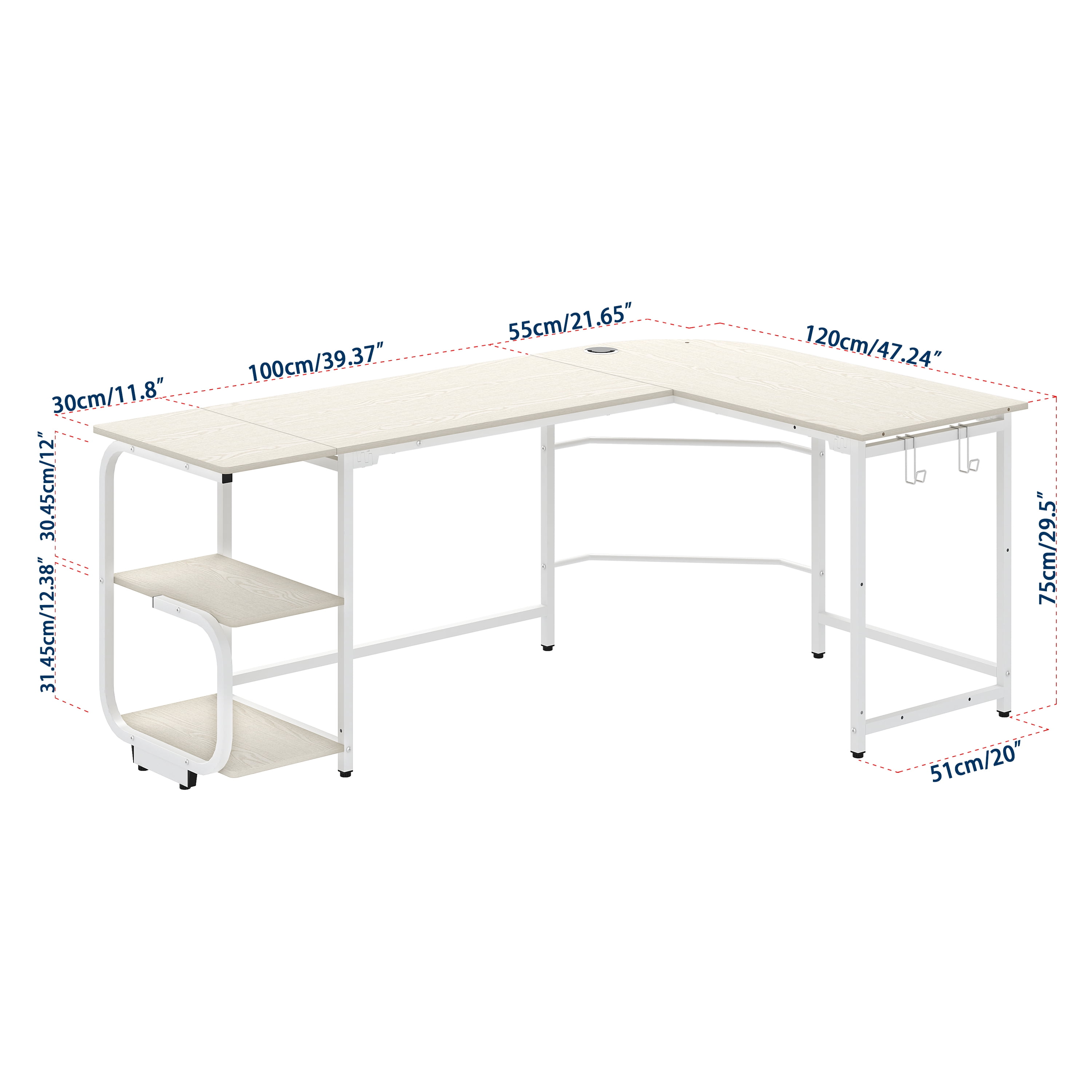 GEZEN 70" L Shape Computer Desk with 2-tier Bookshelf Storage, Home Office Corner Computer Table with Hooks, Beige