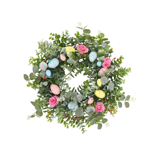 Easter Wreath Decoration Egg-shaped Rattan Style With Plastic Multicolor Eggs And Pink Butterflies 40 cm 15.75 in